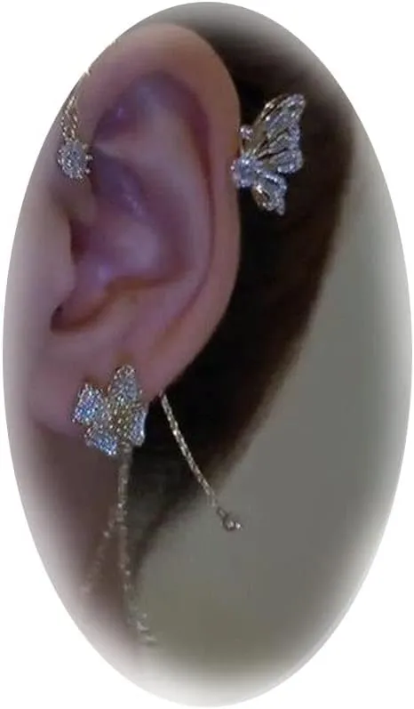 1 Pair Zircon Butterfly Earrings For Women Rhinestone Non Pierced Ear Crawler Clips Butterfly Cuff Wrap Earrings