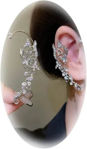 1 Pair Zircon Butterfly Earrings For Women Rhinestone Non Pierced Ear Crawler Clips Butterfly Cuff Wrap Earrings