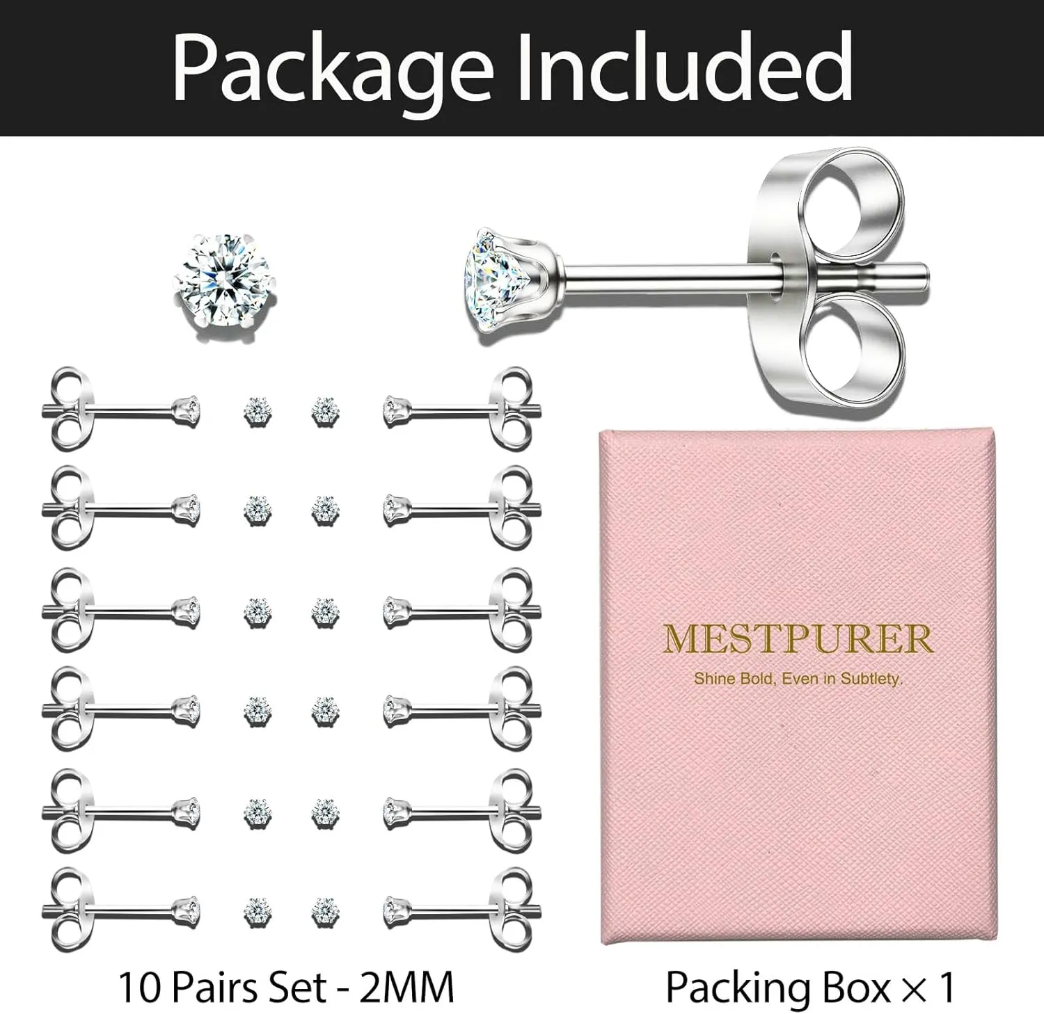 10 Pairs Small Stud Earrings for Women  Hypoallergenic Stainless Steel Tiny Earrings for Sensitive Ears, Cubic Zirconia Simulated Diamond Stud Earrings