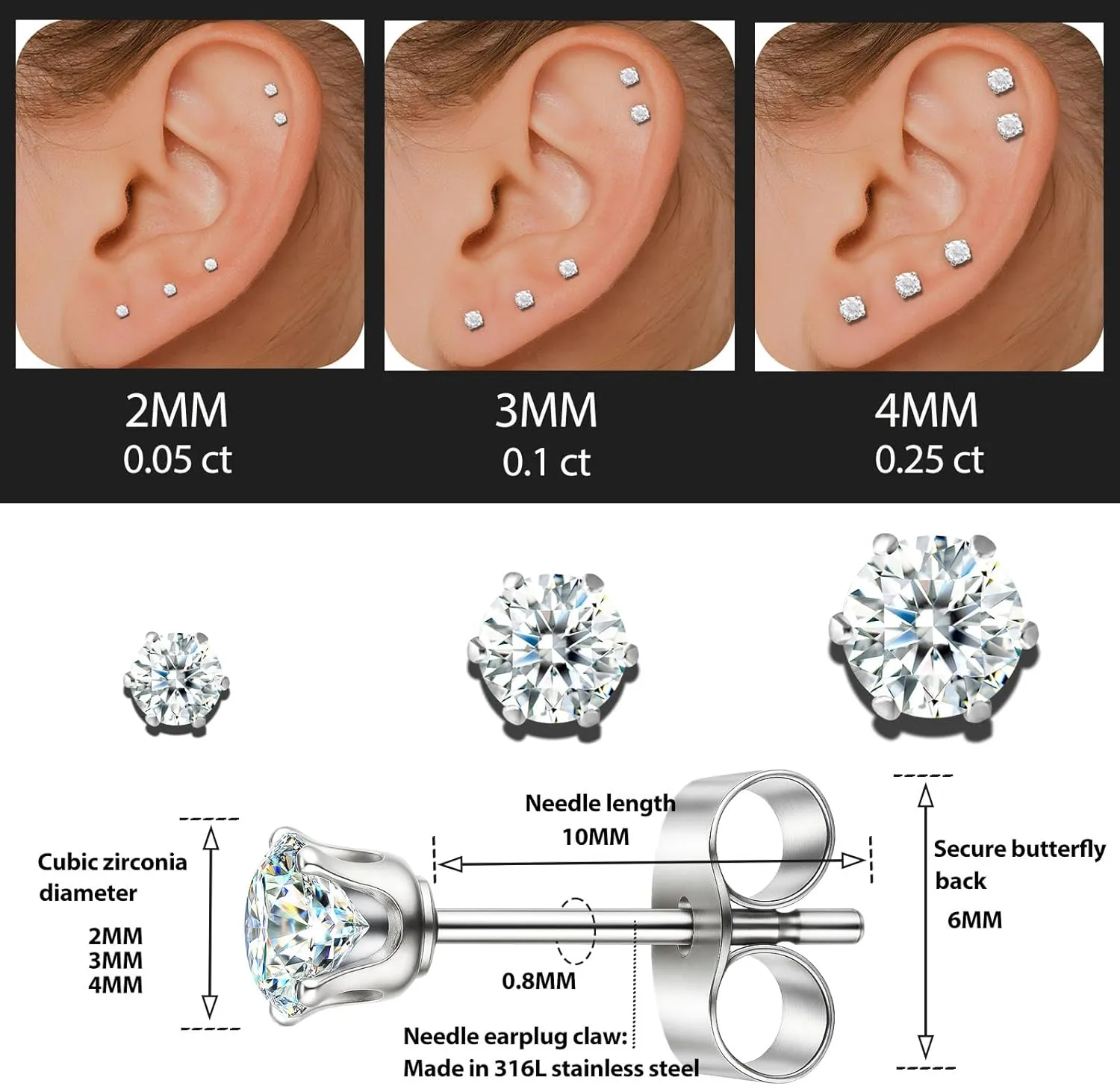 10 Pairs Small Stud Earrings for Women  Hypoallergenic Stainless Steel Tiny Earrings for Sensitive Ears, Cubic Zirconia Simulated Diamond Stud Earrings