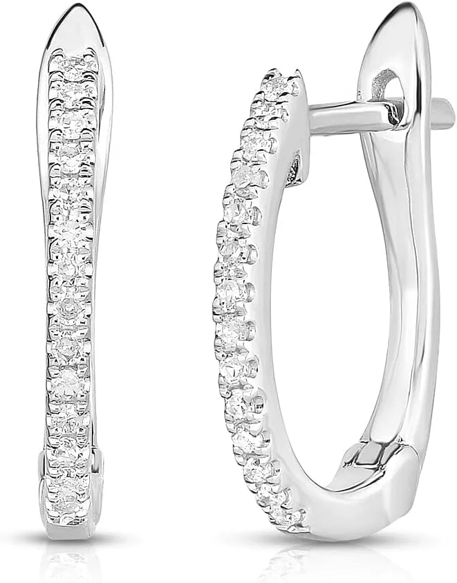 10K White Gold Natural Diamond 1/6 Ct Huggies Hoop Earrings,1cm Diameter