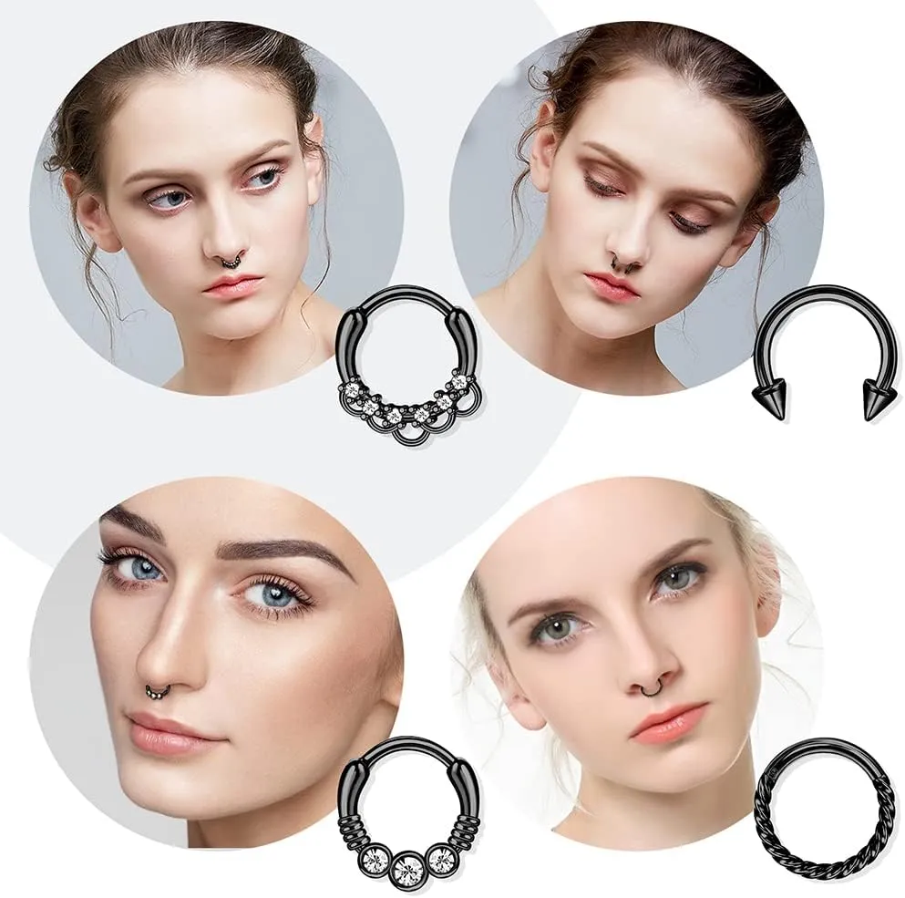 12PCS 16G Stainless Steel Septum Clicker Ring - Opal Cartilage Helix Tragus Hoop Daith Earrings & 10MM Nose Piercing Jewelry