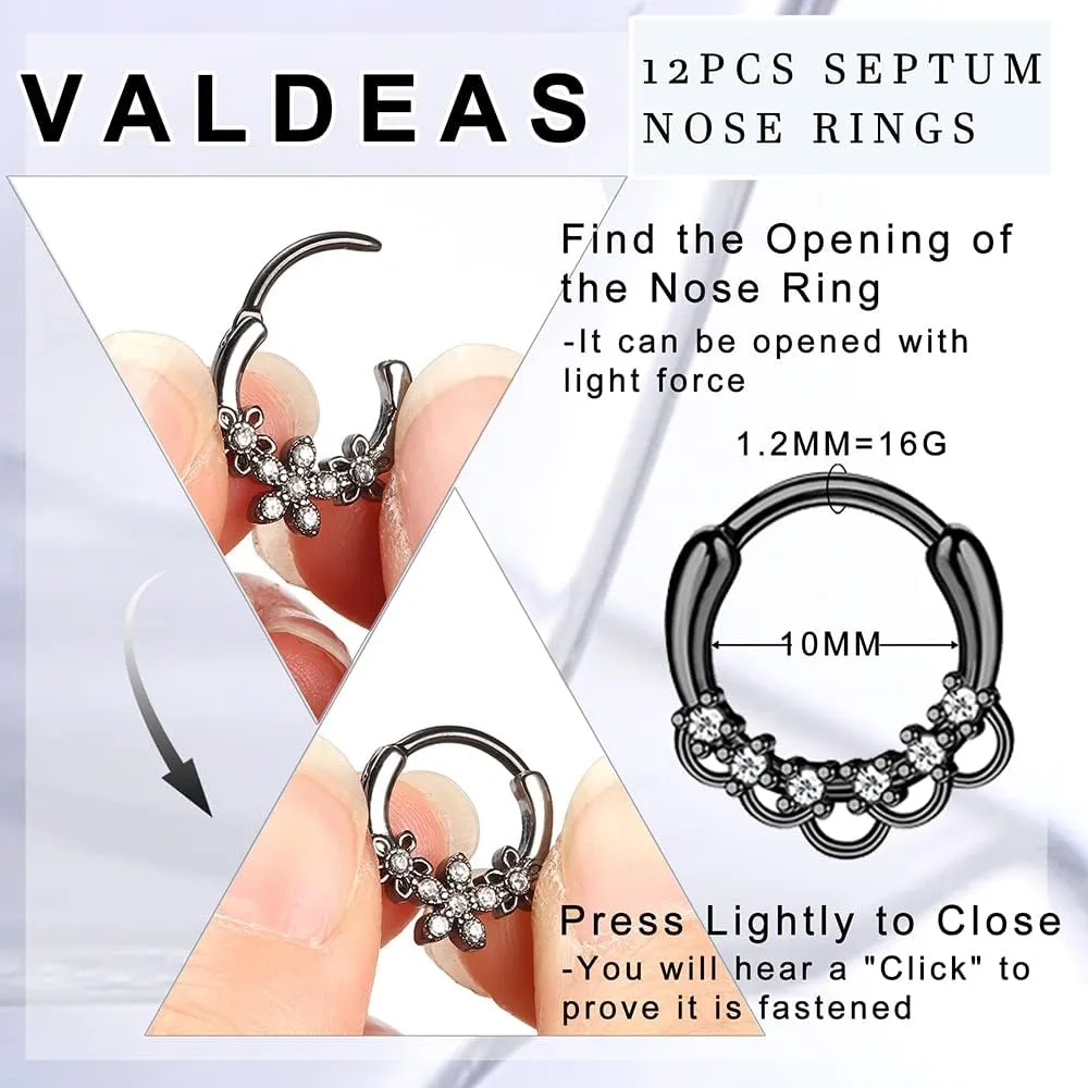 12PCS 16G Stainless Steel Septum Clicker Ring - Opal Cartilage Helix Tragus Hoop Daith Earrings & 10MM Nose Piercing Jewelry