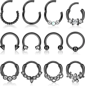 12PCS 16G Stainless Steel Septum Clicker Ring - Opal Cartilage Helix Tragus Hoop Daith Earrings & 10MM Nose Piercing Jewelry