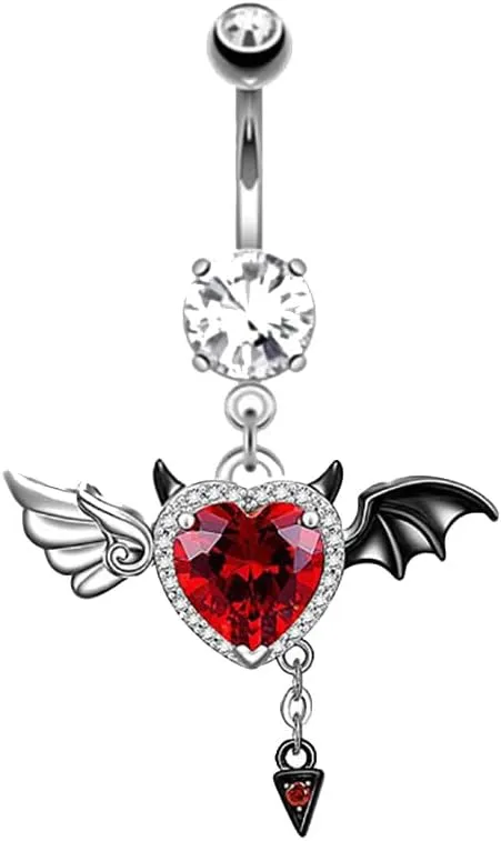 14G Devil Heart Dangle Belly Button Ring for Women Stainless Steel Love Heart Dangling Belly Navel Studs Piercing Barbells Body Piercing Jewelry
