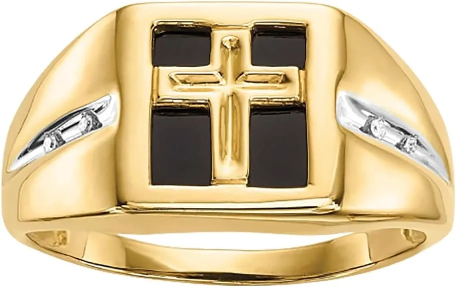 14K Gold Black Onyx Cross Ring for Men 10K/14K/18K Real Gold Faith Cross Signet Ring with Moissanite for Men Mens Religion Ring for Engagement Fathers Day Wedding Christmas Size 4-16