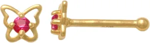 14k Solid Gold Ruby Butterfly Nose Bone Stud, Red Butterfly Dainty Body Jewelry Nostril Piercing 21gauge, Nostril Straight