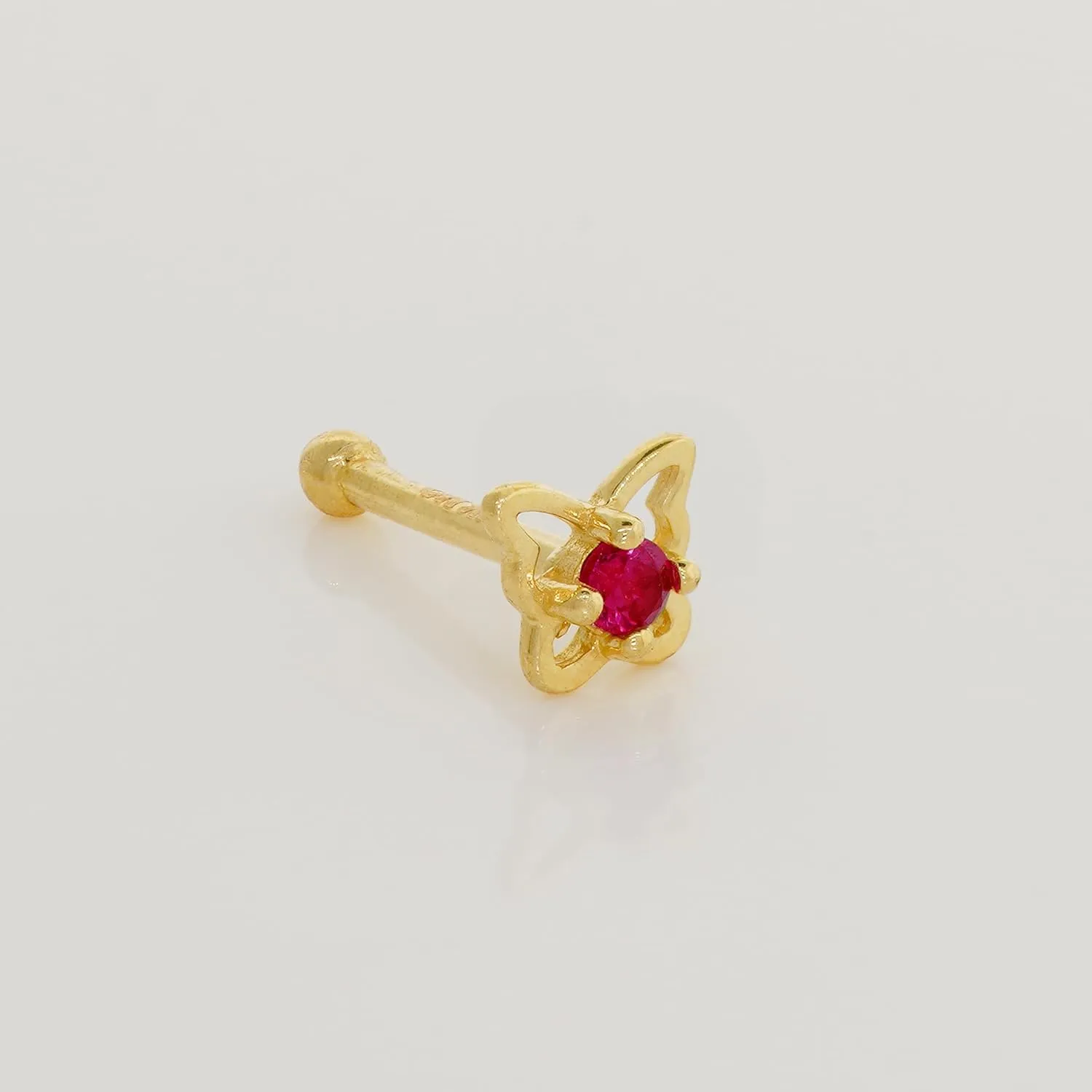 14k Solid Gold Ruby Butterfly Nose Bone Stud, Red Butterfly Dainty Body Jewelry Nostril Piercing 21gauge, Nostril Straight