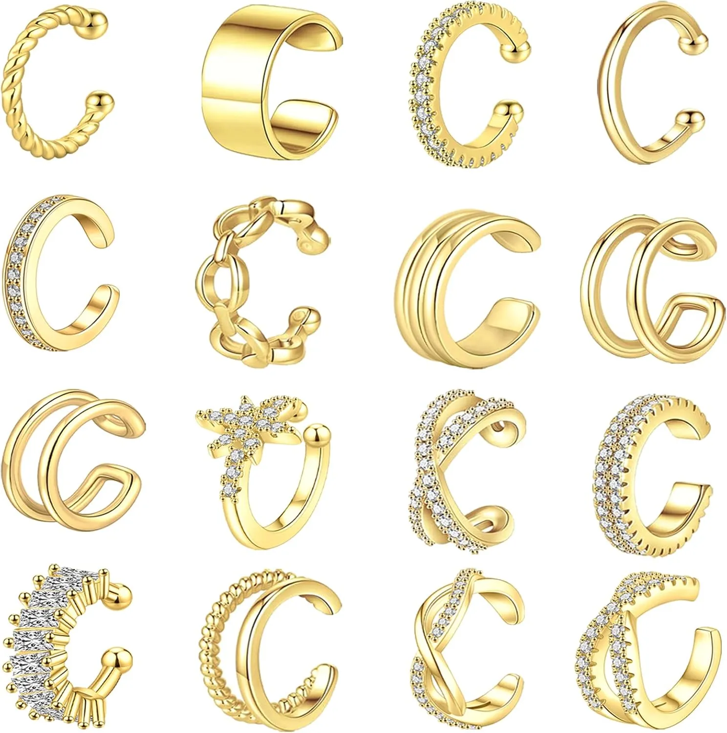 16 Pcs Ear Cuffs for Women Non Piercing Ear Cuffs Earrings 14K Gold Plated Cuff Earrings Non Pierced Clip On Cartilage Earring Fake Earrings Jewelry Set