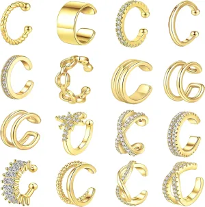 16 Pcs Ear Cuffs for Women Non Piercing Ear Cuffs Earrings 14K Gold Plated Cuff Earrings Non Pierced Clip On Cartilage Earring Fake Earrings Jewelry Set