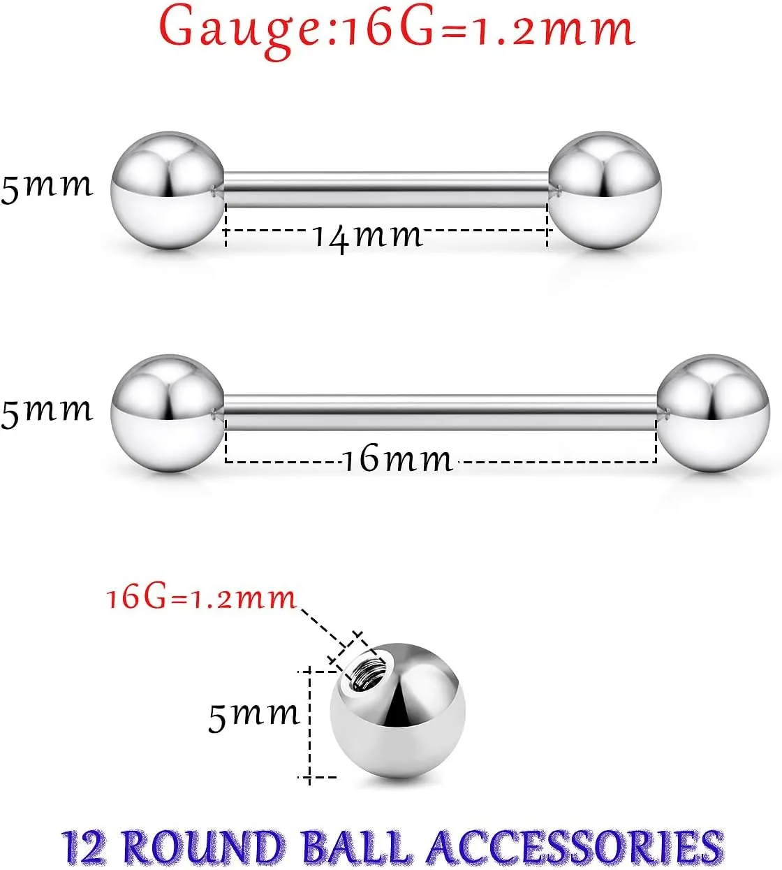 16G 14G Tongue Rings Nipple Rings Surgical Steel Tongue Piercing Jewelry Nipple Bar Straight Barbells Piercing Jewelry 14mm,16mm