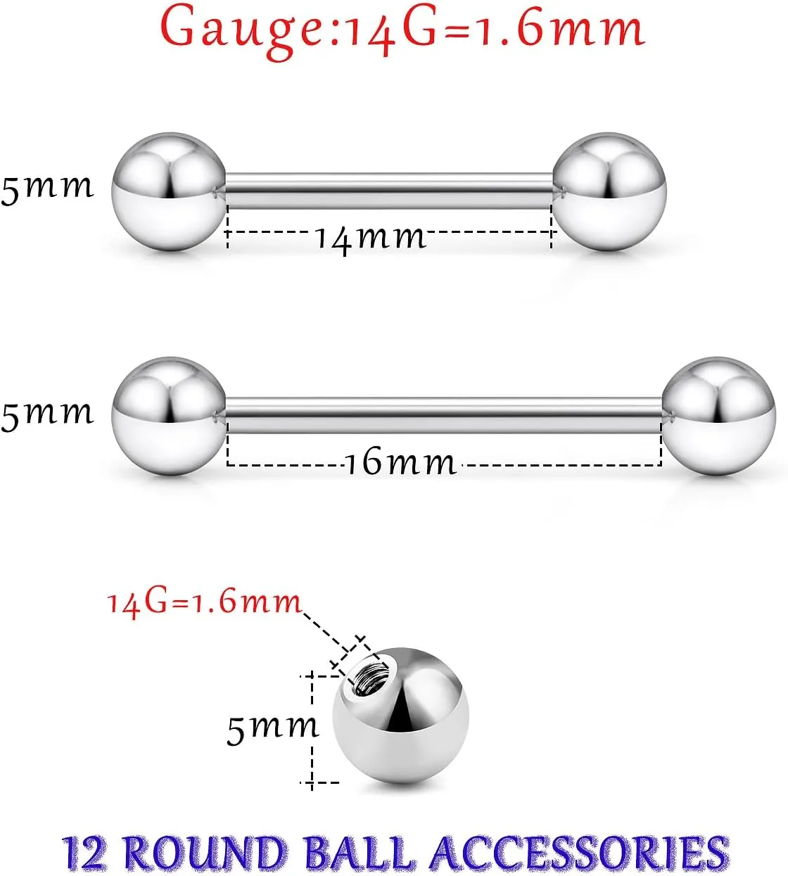 16G 14G Tongue Rings Nipple Rings Surgical Steel Tongue Piercing Jewelry Nipple Bar Straight Barbells Piercing Jewelry 14mm,16mm