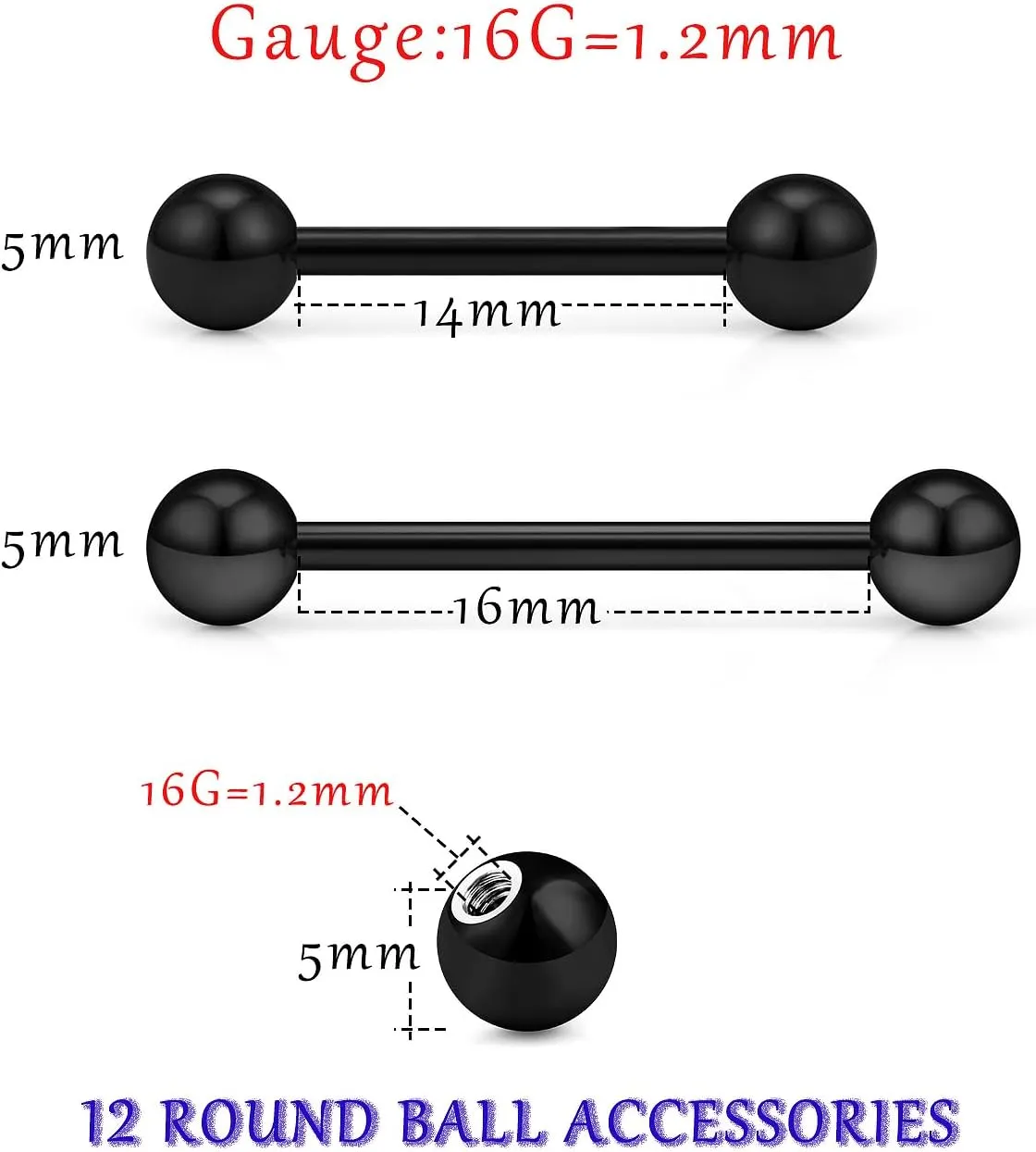 16G 14G Tongue Rings Nipple Rings Surgical Steel Tongue Piercing Jewelry Nipple Bar Straight Barbells Piercing Jewelry 14mm,16mm