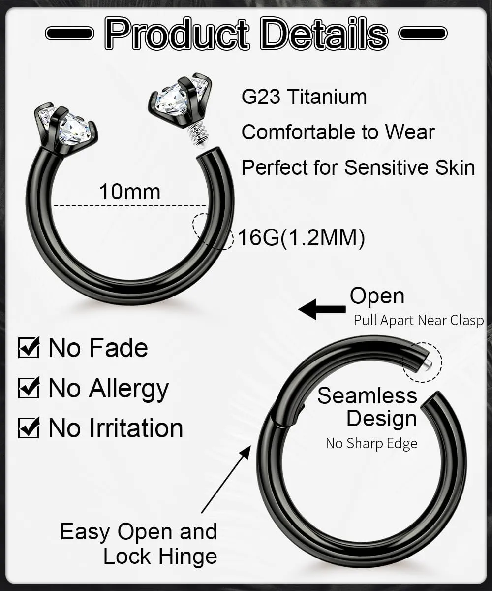 16G 4PCS G23 Titanium Septum Nose Rings for Men Women Horseshoe Septum Ring for Sensitive Skin Hinged Seamless Septum Hoop Cartilage Helix Daith Tragus Piercing Jewelry 8MM 10MM