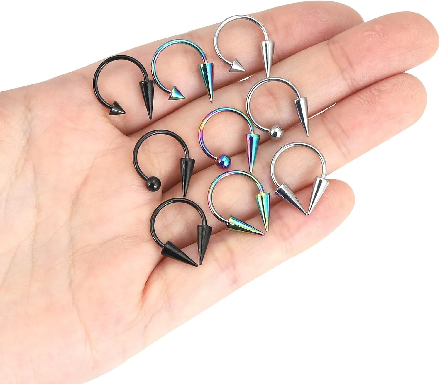 16g 9/12pcs Stainless Steel Long Spike Nose Septum Rings Horseshoe Hoop Labret Ring Smiley Piercing Jewelry 10mm/12mm