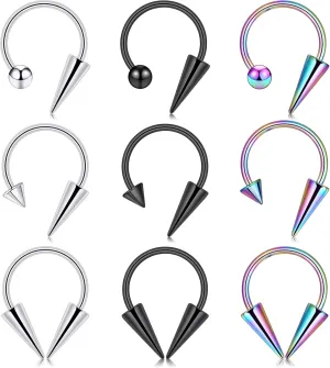16g 9/12pcs Stainless Steel Long Spike Nose Septum Rings Horseshoe Hoop Labret Ring Smiley Piercing Jewelry 10mm/12mm