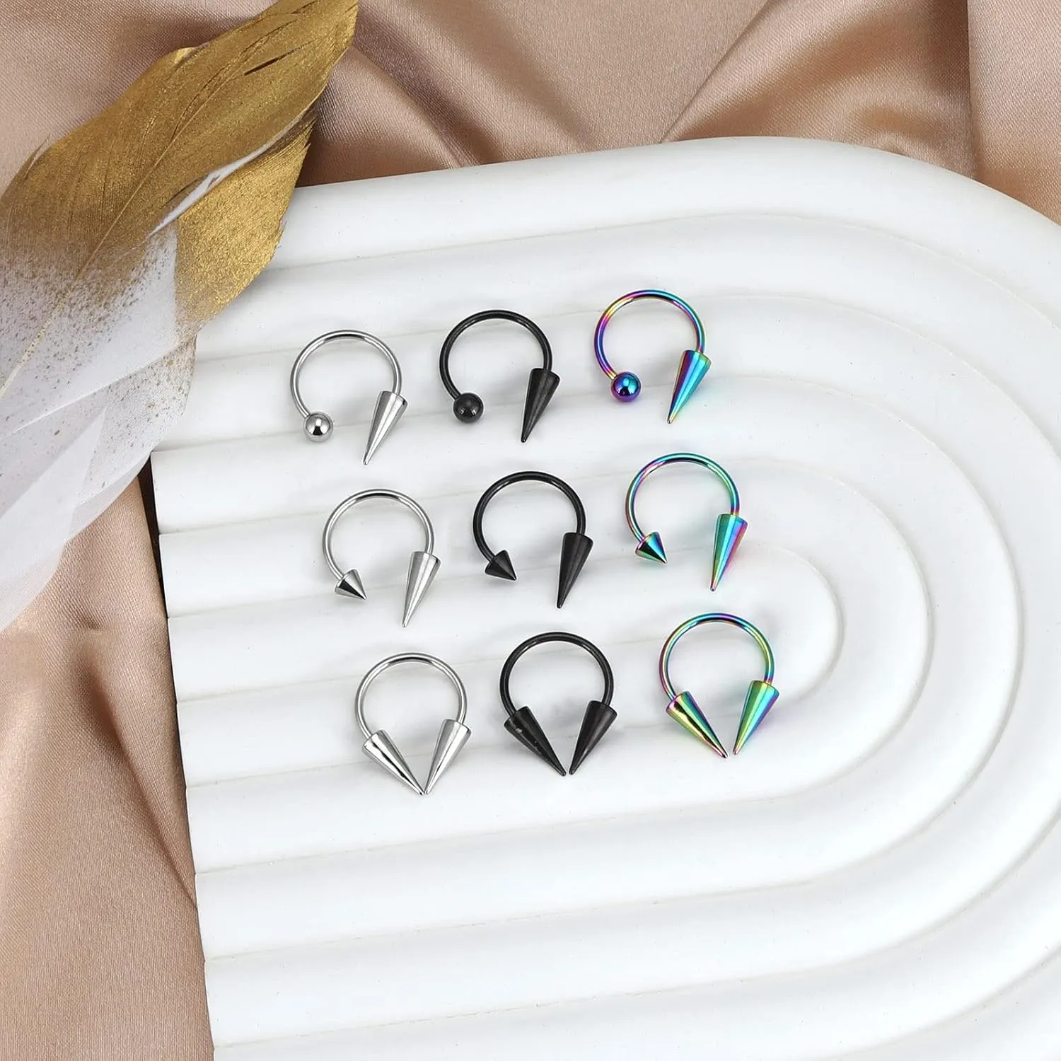 16g 9/12pcs Stainless Steel Long Spike Nose Septum Rings Horseshoe Hoop Labret Ring Smiley Piercing Jewelry 10mm/12mm