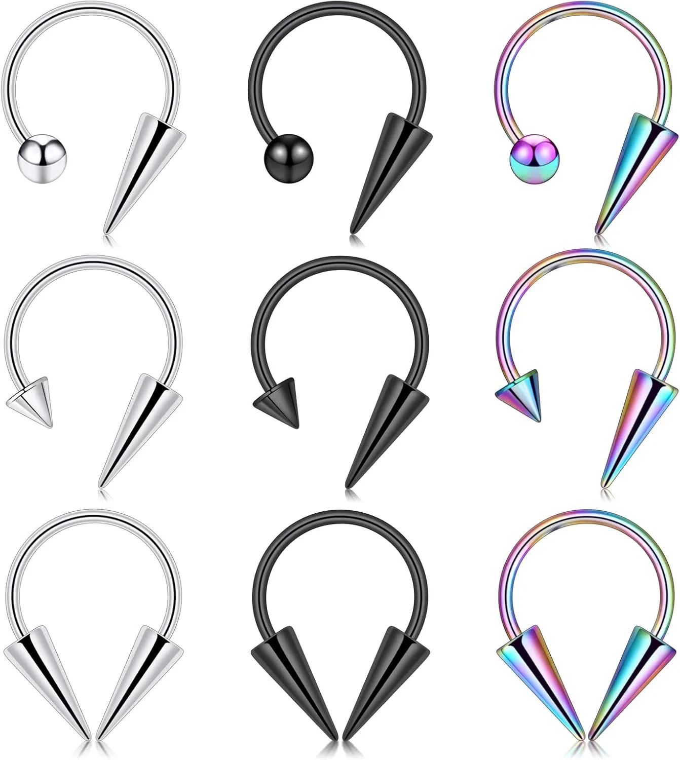 16g 9/12pcs Stainless Steel Long Spike Nose Septum Rings Horseshoe Hoop Labret Ring Smiley Piercing Jewelry 10mm/12mm