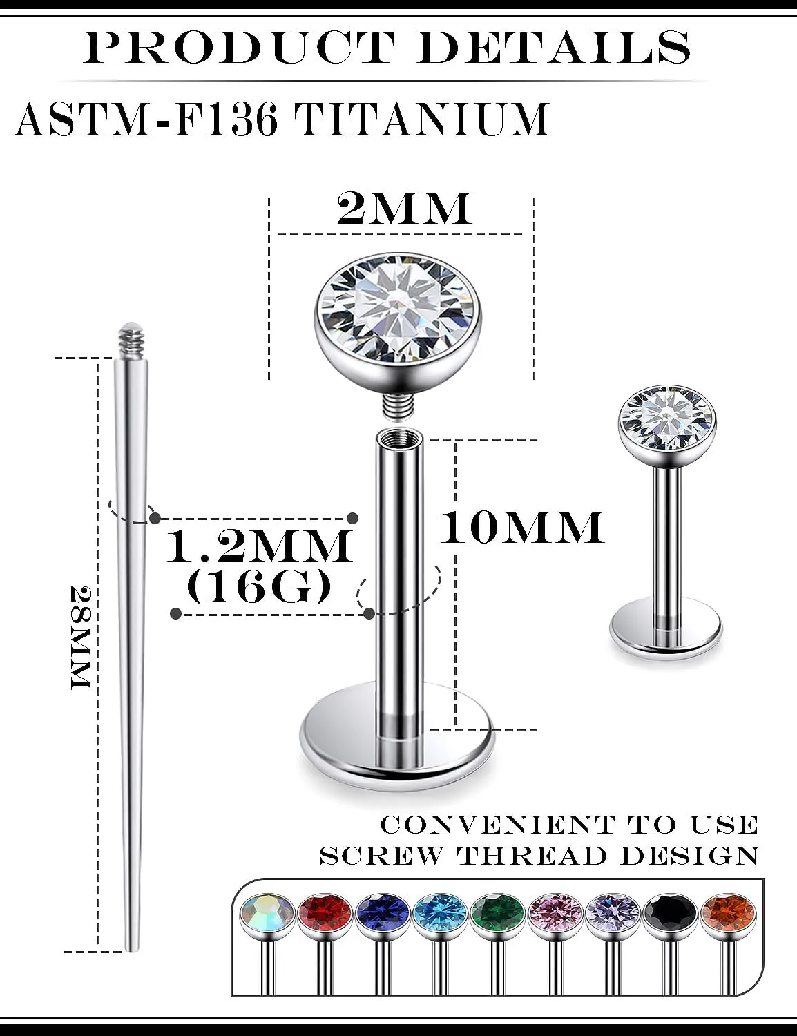 16G F136 Titanium Lip Rings Labret Jewelry Internally Threaded Monroe Lip Ring Medusa Snake Bite Piercing Jewelry Conch Tragus Forward Helix Cartilage Earring Studs Piercing Jewelry for Women