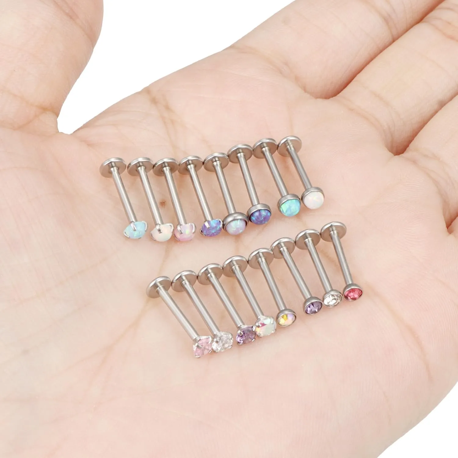16G Lip Rings for Women Stainless Surgical Steel Labret Jewelry Monroe Lip Ring Medusa Piercing Jewelry Tragus Helix Cartilage Forward Earring Piercing Jewelry for Women CZ Opal Silver 16Pcs