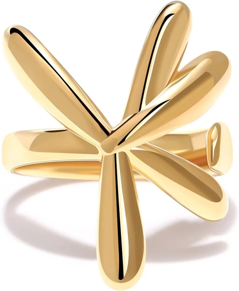18K Gold Plated Daisy Flower Rings for Women | Cute Adjustable Open Statement Ring | Petal Personalized Polished Band Ring Size 5 to 10
