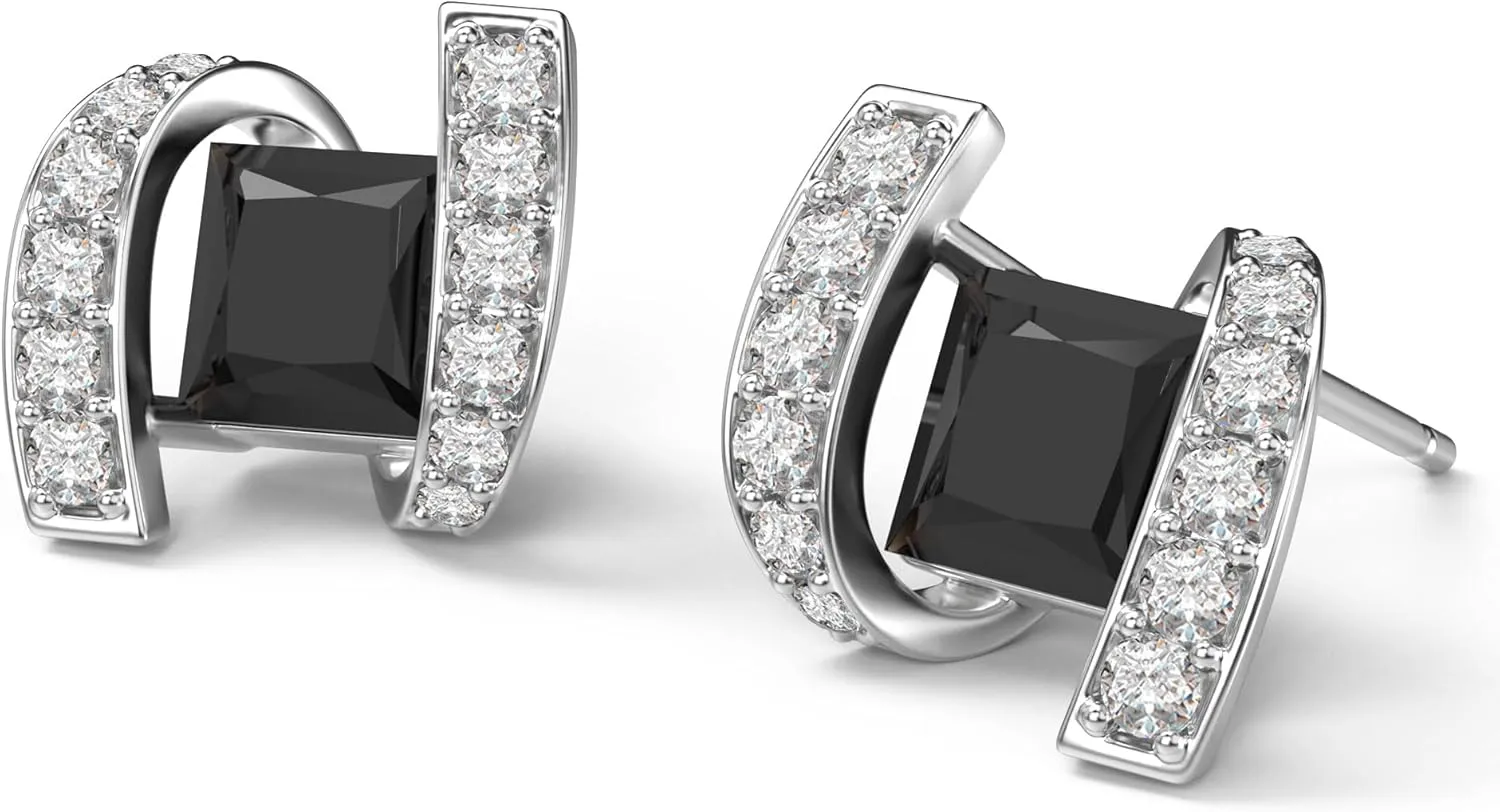 18K White Gold Plated Sterling Silver Square Princess Cut Cubic Zirconia Stud Earrings for Women Square Diamond CZ Stud Earrings for Women Hypoallergenic