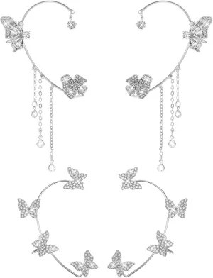2 Pairs Butterfly Ear Cuffs Earring for Women, Non Piercing Silver Bling Butterfly Tassel Style Zircon Ear Wrap Earrings, Fairy Costume Butterfly Jewelry, Bridal Wedding Ear Cuffs & Wraps