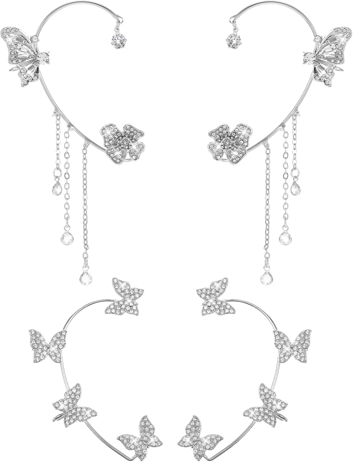 2 Pairs Butterfly Ear Cuffs Earring for Women, Non Piercing Silver Bling Butterfly Tassel Style Zircon Ear Wrap Earrings, Fairy Costume Butterfly Jewelry, Bridal Wedding Ear Cuffs & Wraps