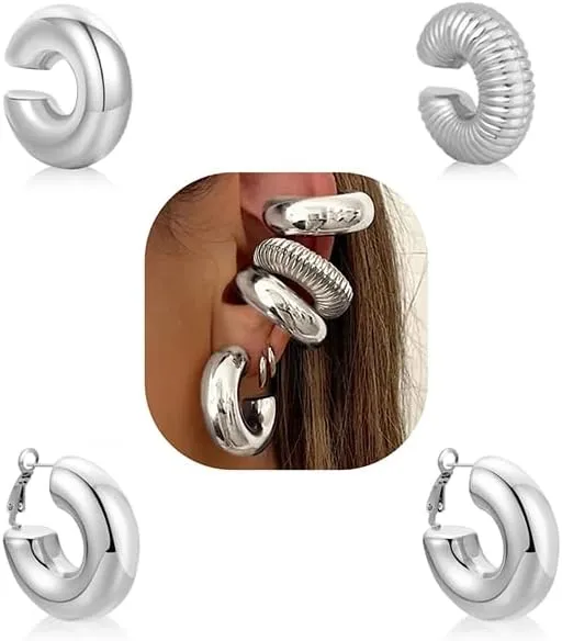 2 Pairs Chunky Silver Ear Cuffs for Women Non Piercing Hypoallergenic 14K Gold Plated Hoop Earrings Set Large Round Clip On Cartilage Wrap Cuff Earrings Trendy Dainty Jewelry Gift for Women