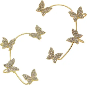 2 Pairs Dainty Butterfly Ear Cuff, Butterfly Rhinestone Ear Wrap No Piercing Cuff Clip On Earrings for Women, Tassel Style Zircon Earrings Clips Bridal Wedding Jewelry Gifts(GD1,One Size)