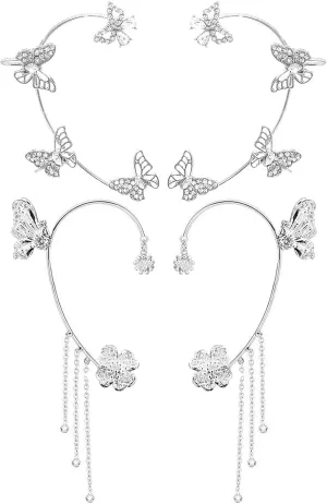 2 Pairs Dainty Silver Butterfly Ear Cuffs & Wraps for Women Non Piercing Bling Butterfly Tassel Style Zircon Earrings Ear Clips Bridal Wedding Jewelry