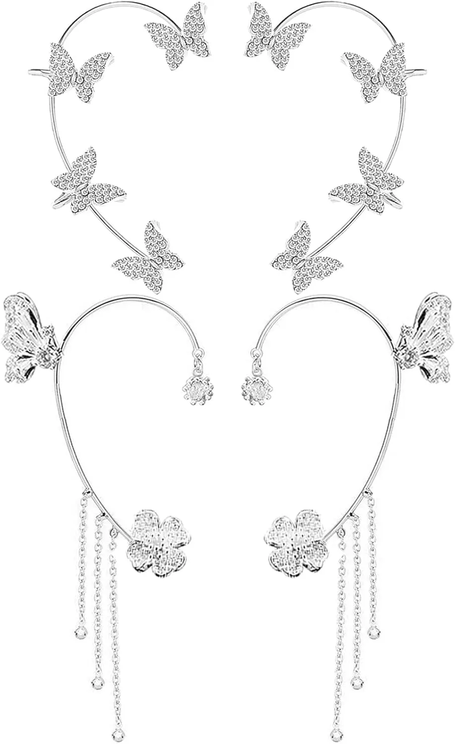 2 Pairs Dainty Silver Butterfly Ear Cuffs & Wraps for Women Non Piercing Bling Butterfly Tassel Style Zircon Earrings Ear Clips Bridal Wedding Jewelry