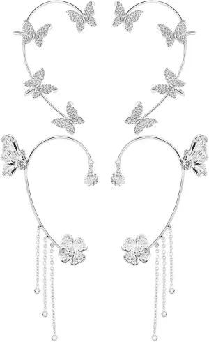 2 Pairs Dainty Silver Butterfly Ear Cuffs & Wraps for Women Non Piercing Bling Butterfly Tassel Style Zircon Earrings Ear Clips Bridal Wedding Jewelry