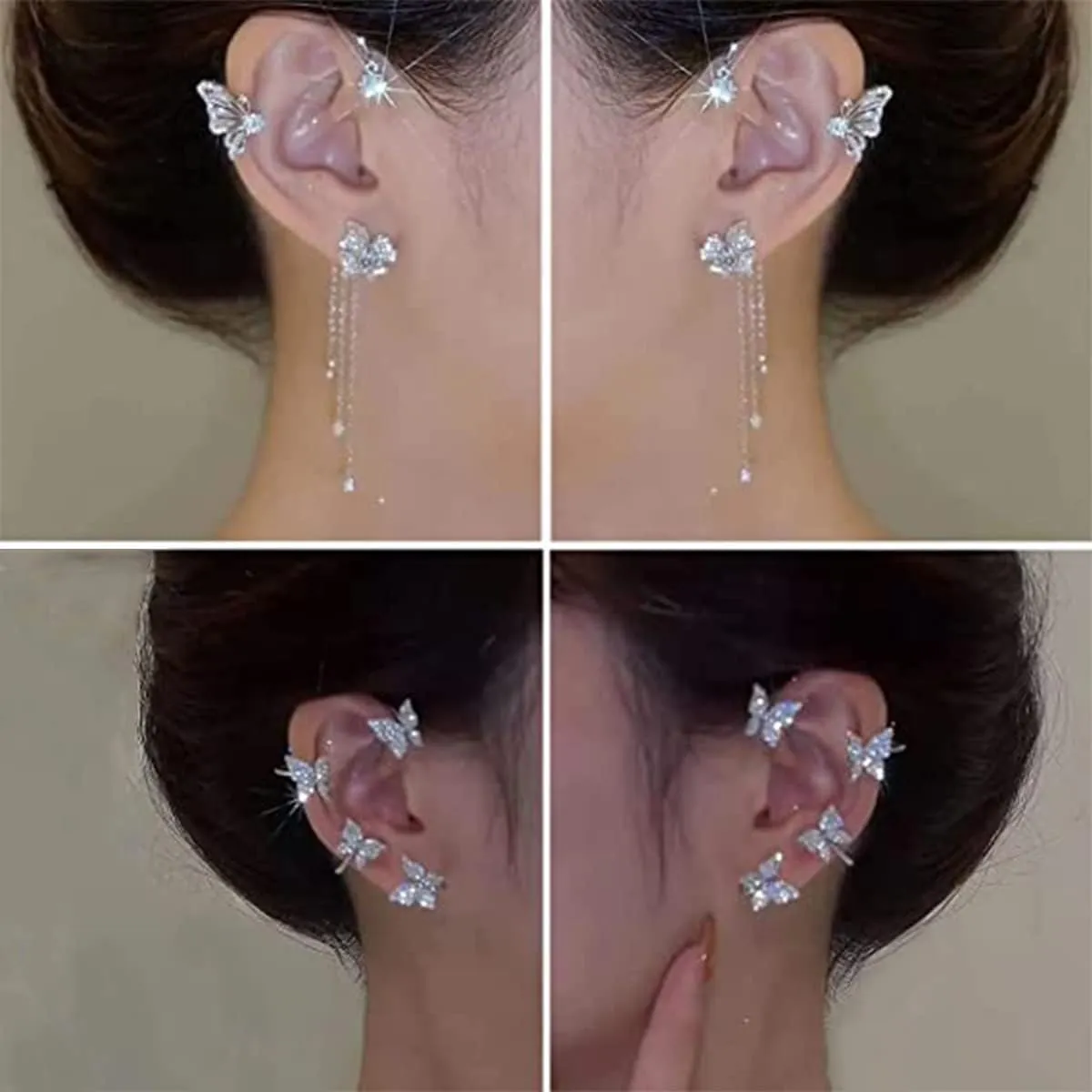 2 Pairs Dainty Silver Butterfly Ear Cuffs & Wraps for Women Non Piercing Bling Butterfly Tassel Style Zircon Earrings Ear Clips Bridal Wedding Jewelry