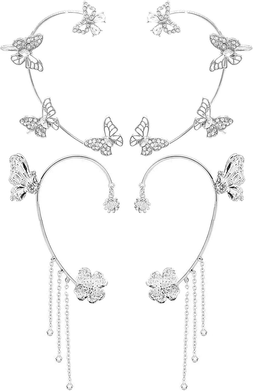 2 Pairs Dainty Silver Butterfly Ear Cuffs & Wraps for Women Non Piercing Bling Butterfly Tassel Style Zircon Earrings Ear Clips Bridal Wedding Jewelry