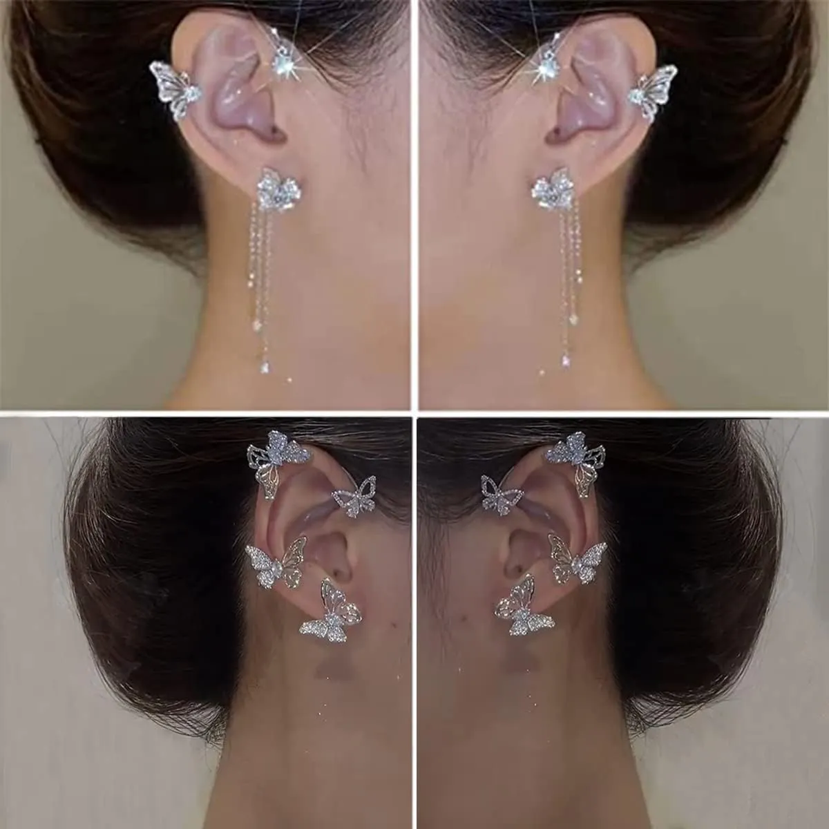 2 Pairs Dainty Silver Butterfly Ear Cuffs & Wraps for Women Non Piercing Bling Butterfly Tassel Style Zircon Earrings Ear Clips Bridal Wedding Jewelry
