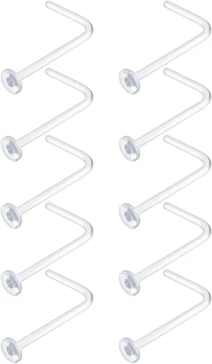 20g Clear Nose Ring Retainer Bioflex L Shape Nose Rings Studs - Plastic Retainers Flat Top Clear Nose Studs 20 Gauge (0.8mm) 10pcs