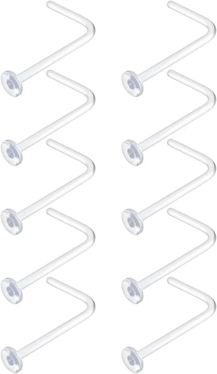 20g Clear Nose Ring Retainer Bioflex L Shape Nose Rings Studs - Plastic Retainers Flat Top Clear Nose Studs 20 Gauge (0.8mm) 10pcs