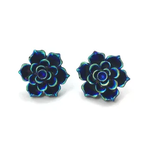 20mm Iridescent Blue Black Succulent Flower Stud Earrings with Titanium or Surgical Stainless Steel Posts, Hypoallergenic