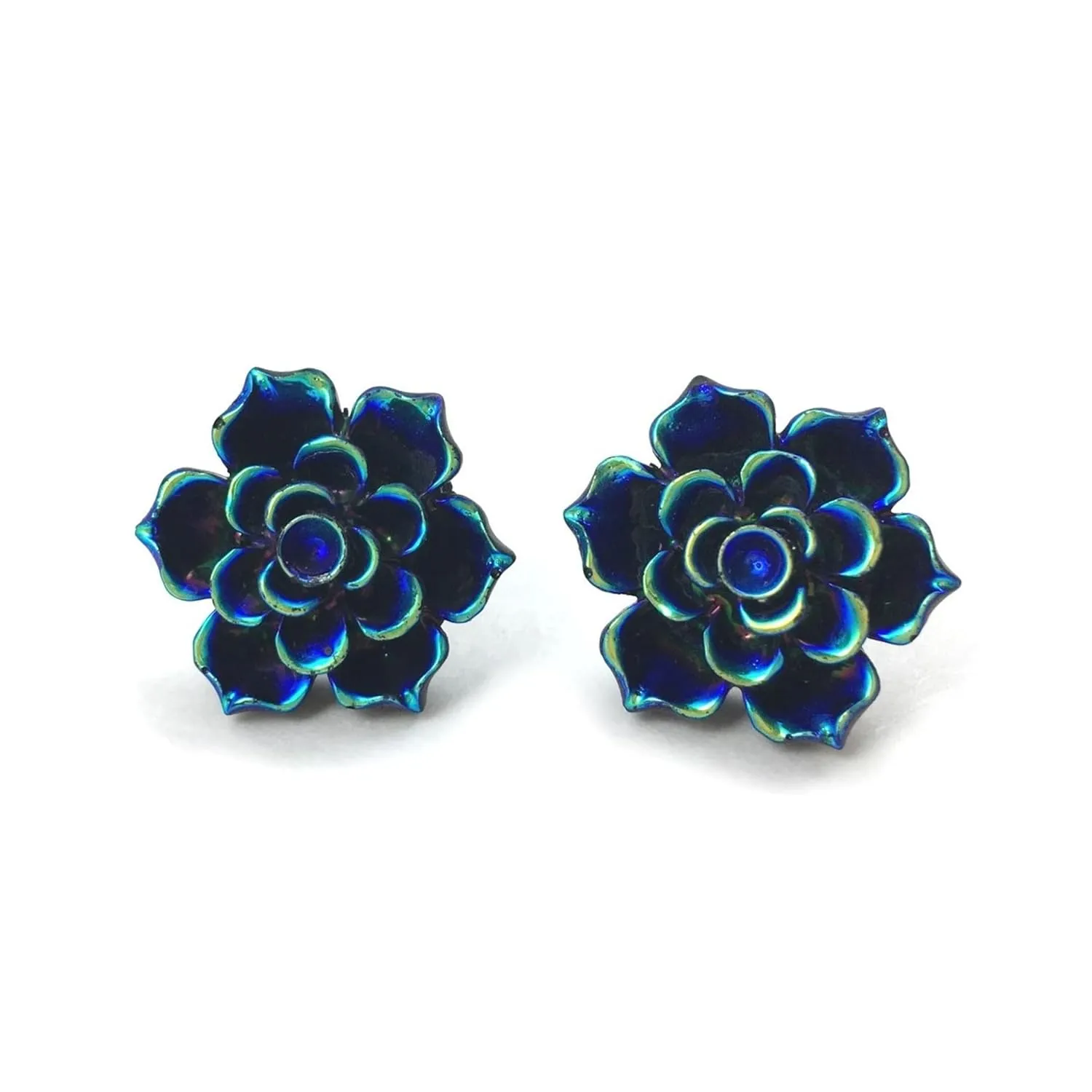 20mm Iridescent Blue Black Succulent Flower Stud Earrings with Titanium or Surgical Stainless Steel Posts, Hypoallergenic