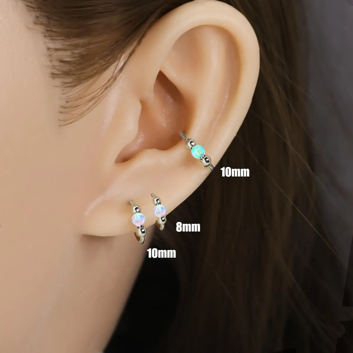 2Pcs 18G Hypoallergenic Cartilage Earrings for Women & Men 316L Surgical Steel Huggies Earrings for Sensitive Ears, Lightweight Mini Thin Jewelry for Tragus/Helix/Nose Multiple Piercing Opal Earrings