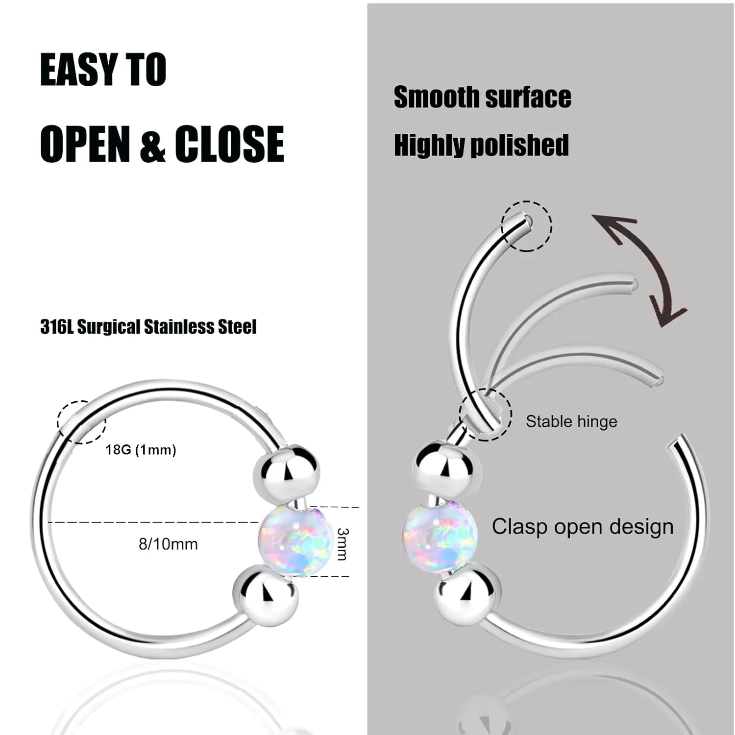 2Pcs 18G Hypoallergenic Cartilage Earrings for Women & Men 316L Surgical Steel Huggies Earrings for Sensitive Ears, Lightweight Mini Thin Jewelry for Tragus/Helix/Nose Multiple Piercing Opal Earrings