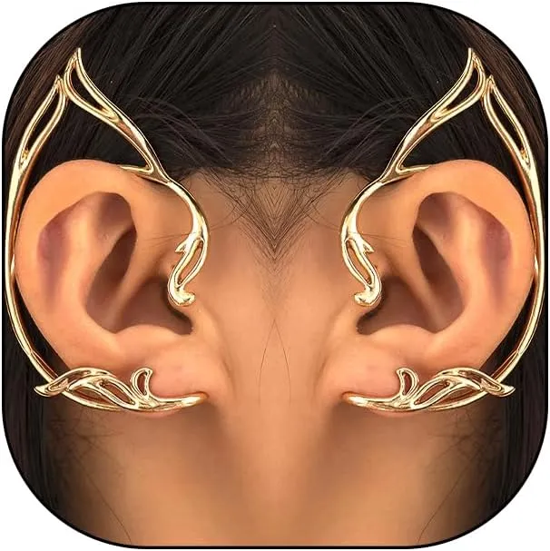 2Pcs Gothic Chunky Gold Elf Ear Cuffs, Fairy Cartilage Piercing Clip On Wrap Earrings, Trendy Vintage Climber Cosplay Jewelry Gifts for Women