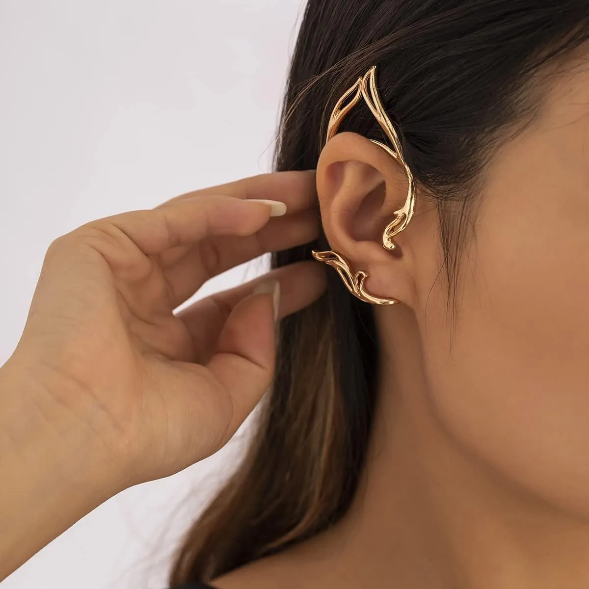 2Pcs Gothic Chunky Gold Elf Ear Cuffs, Fairy Cartilage Piercing Clip On Wrap Earrings, Trendy Vintage Climber Cosplay Jewelry Gifts for Women