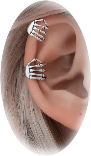 2PCS Halloween Skeleton Hand Ear Cuffs Gothic Finger Hand Cuff Earrings for Women Skull Ear Cuffs Clip Earrings Halloween Costume Jewelry