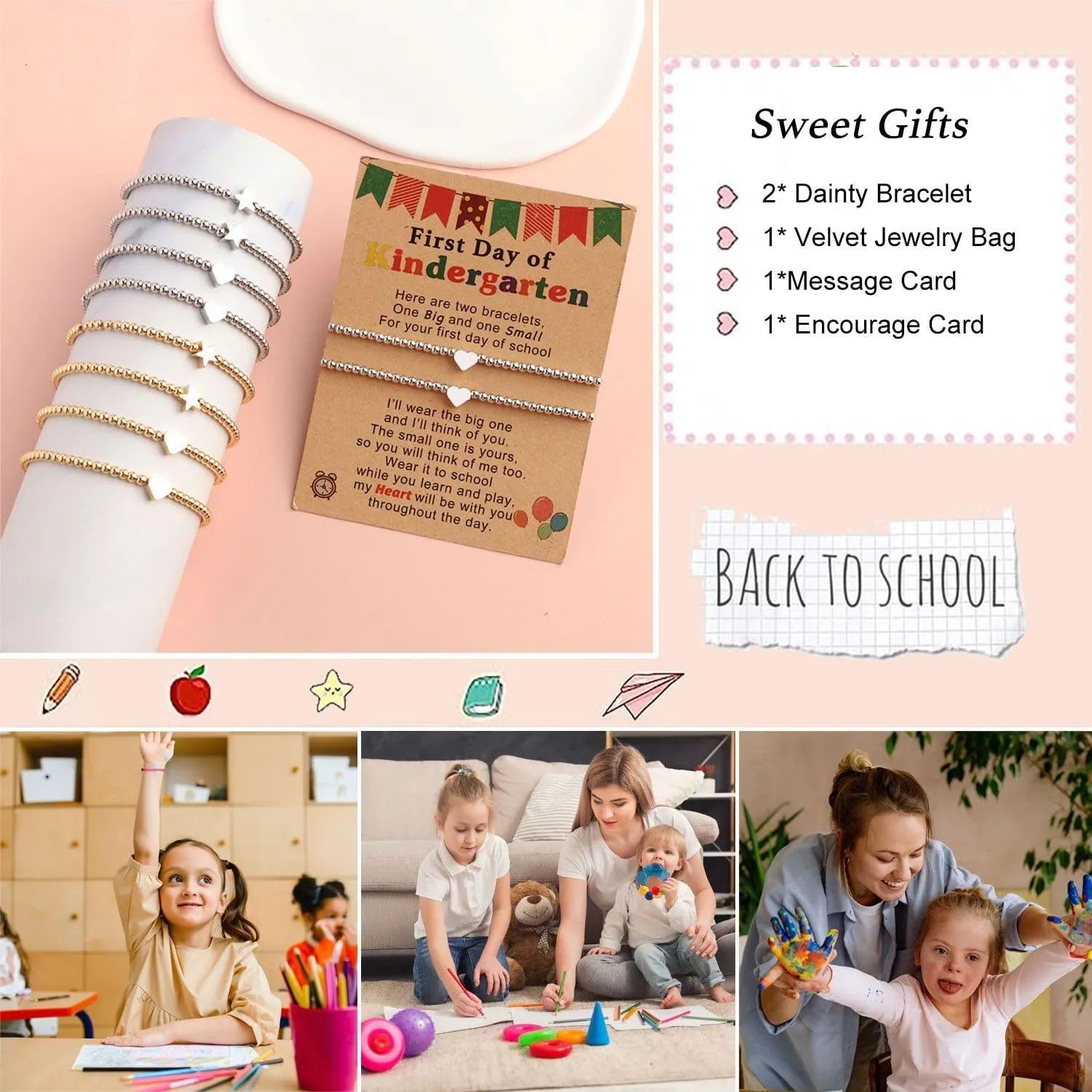 2Pcs Matching Heart Bracelets for Mother Daughter, First Day of School/Pre-K Gifts for Mommy And Me