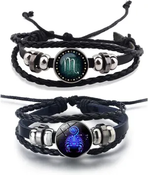 2Pcs Zodiac Bracelets Layered Leather Constellation Bracelet Vintage Zodiac Signs Spirit Bracelet Wrap for Women Men 12 Constellation Gift