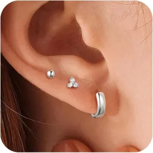 3 Pairs 14K Gold/Sterling Silver Plated Earrings Stack Set for Women - Dainty Huggie Hoop Stud Earring Set, Hypoallergenic Surgical Steel Cartilage earring set for Multiple Piercing, Gold Jewelry Gift for Women