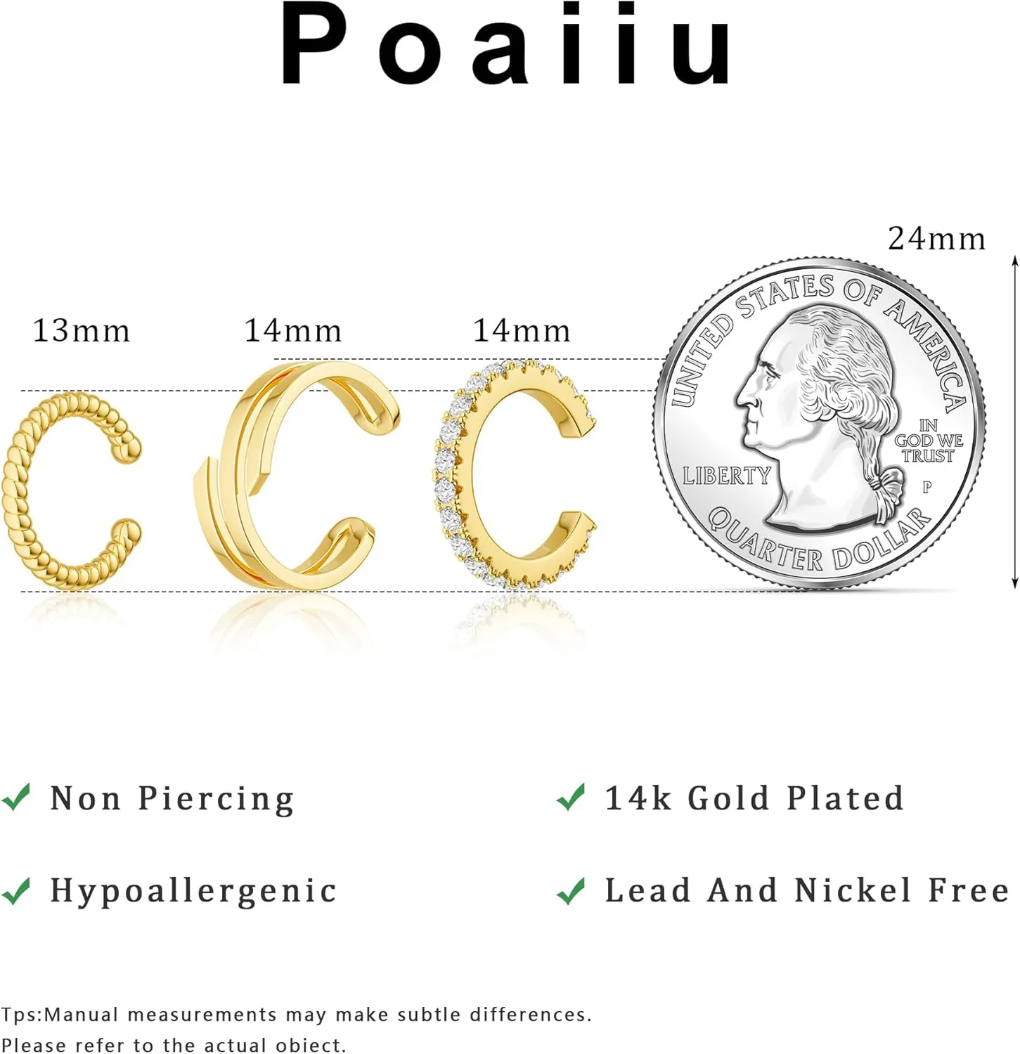 3 Pcs Ear Cuff Non Piercing Earrings for Women - 14K Gold Plated Earrings for Women Trendy Cartilage Clip on Earrings Set Dainty Cubic Zirconia Fake Earrings Huggie Hoop Earrings Jewelry for Women