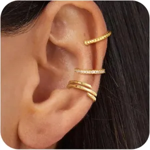 3 Pcs Ear Cuff Non Piercing Earrings for Women - 14K Gold Plated Earrings for Women Trendy Cartilage Clip on Earrings Set Dainty Cubic Zirconia Fake Earrings Huggie Hoop Earrings Jewelry for Women